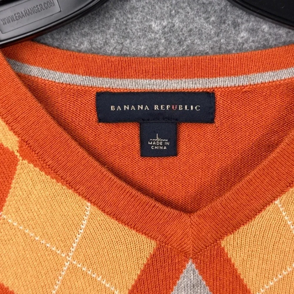Banana Republic Sweater Argyle‎ V-Neck Large Orange Silk Cotton Cashmere Knit